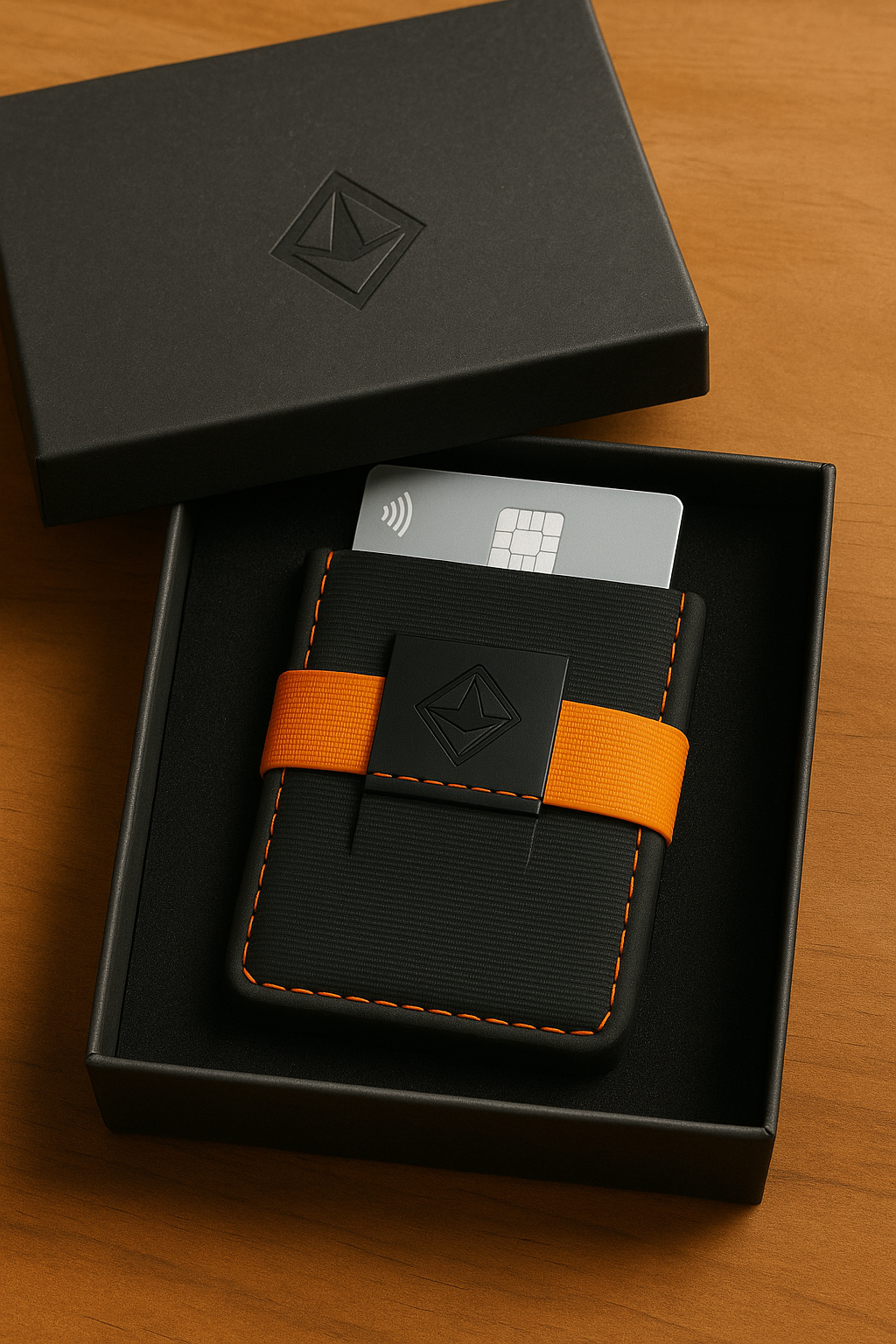 Cartera Slim en su caja premium negra con logo rombo naranja