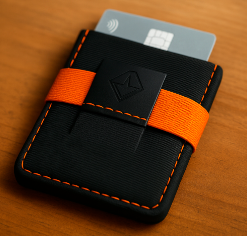 Cartera Slim mostrando sus costuras naranjas y diseño minimalista