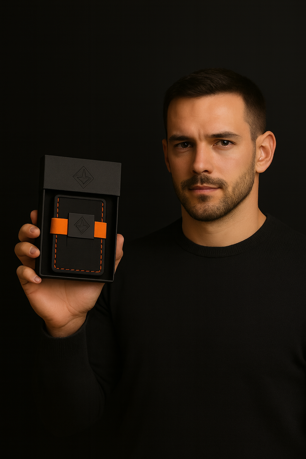 Hombre profesional y masculino sosteniendo la Cartera Slim, mostrando confianza y estilo